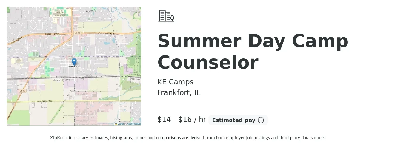 KE Camps job posting for a Summer Day Camp Counselor in Frankfort, IL with a salary of $15 to $17 Hourly with a map of Frankfort location.