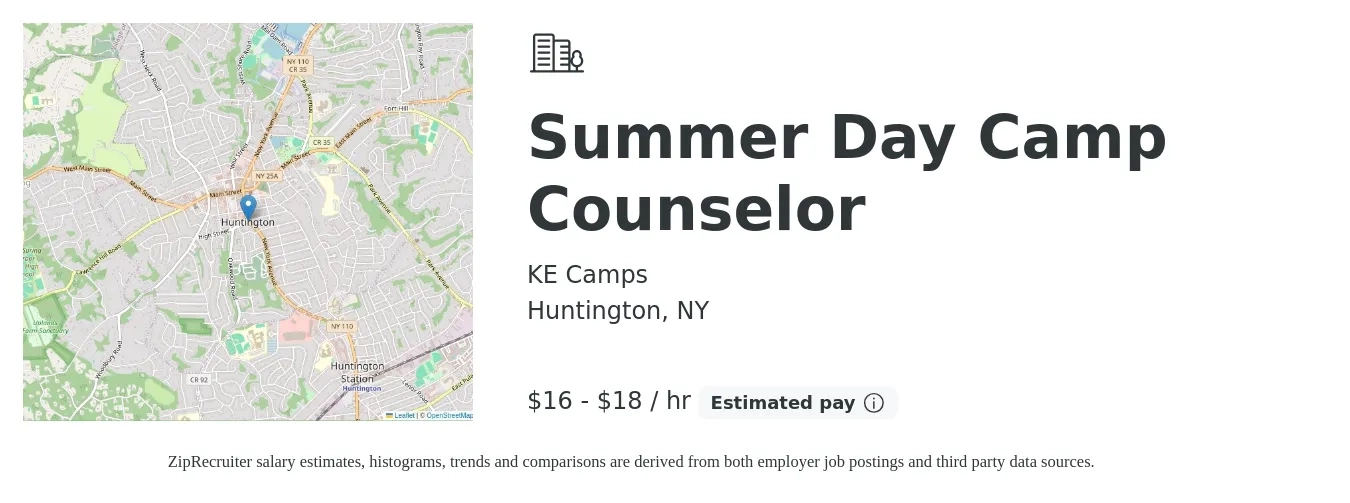 KE Camps job posting for a Summer Day Camp Counselor in Huntington, NY with a salary of $17 to $19 Hourly with a map of Huntington location.