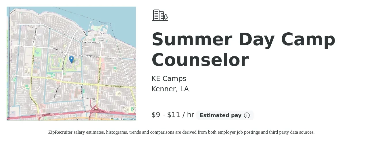 KE Camps job posting for a Summer Day Camp Counselor in Kenner, LA with a salary of $10 to $12 Hourly with a map of Kenner location.