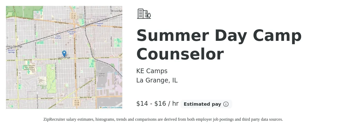 KE Camps job posting for a Summer Day Camp Counselor in La Grange, IL with a salary of $15 to $17 Hourly with a map of La Grange location.