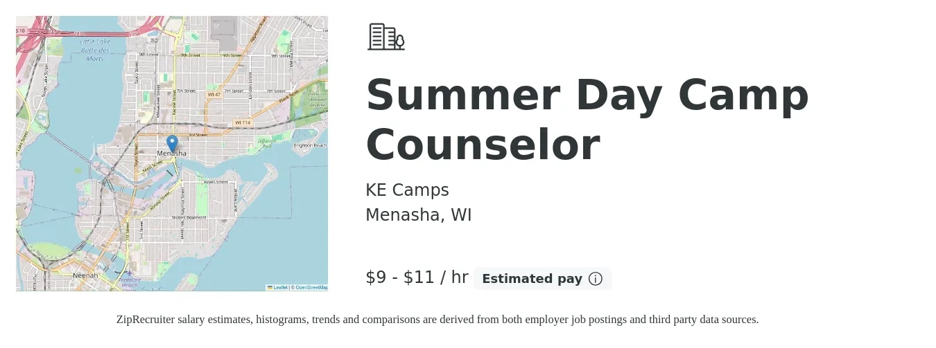KE Camps job posting for a Summer Day Camp Counselor in Menasha, WI with a salary of $10 to $12 Hourly with a map of Menasha location.