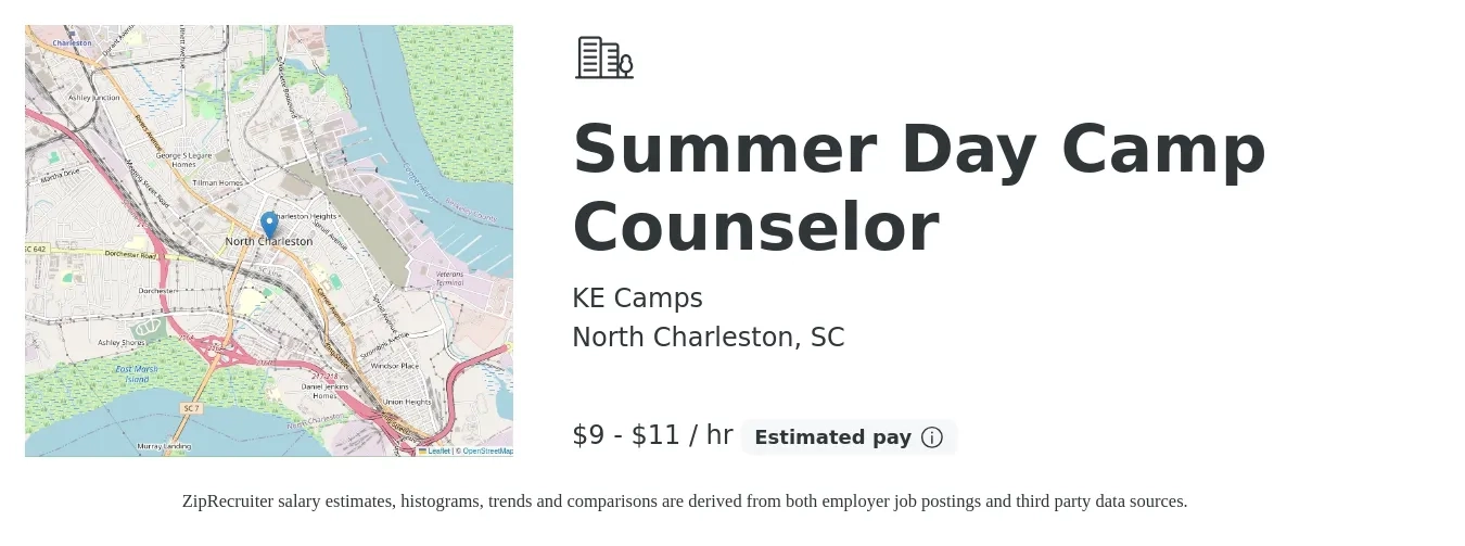 KE Camps job posting for a Summer Day Camp Counselor in North Charleston, SC with a salary of $10 to $12 Hourly with a map of North Charleston location.