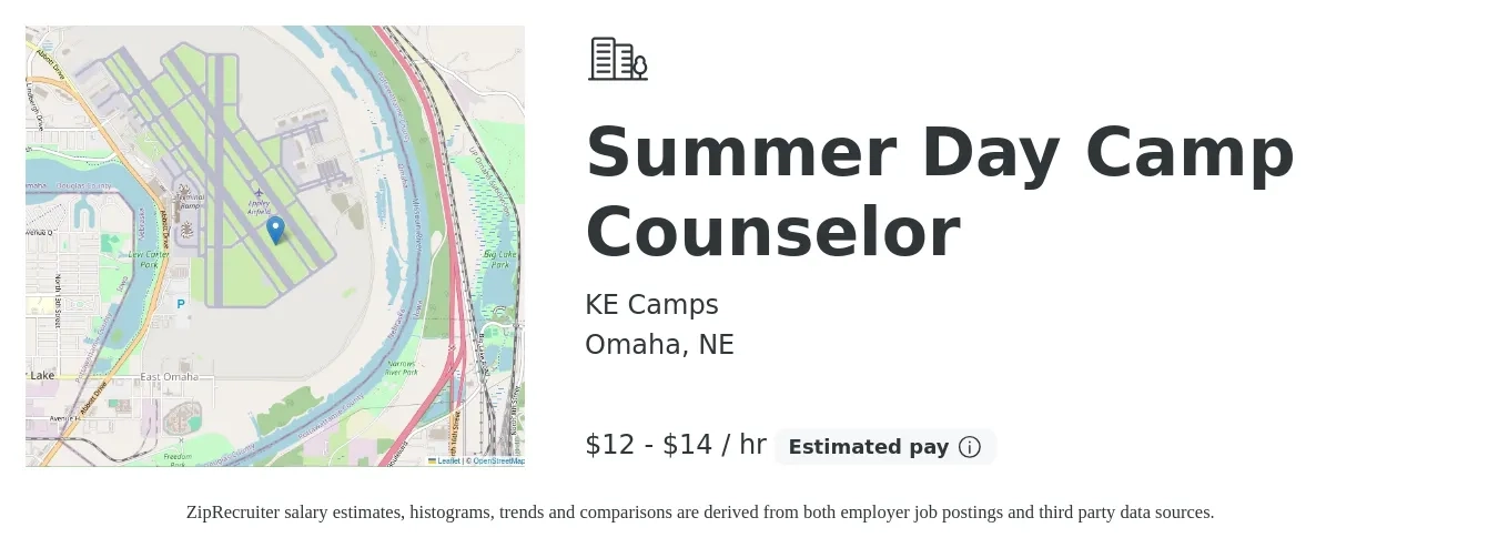 KE Camps job posting for a Summer Day Camp Counselor in Omaha, NE with a salary of $13 to $15 Hourly with a map of Omaha location.