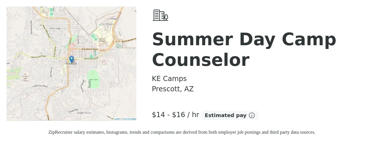 KE Camps job posting for a Summer Day Camp Counselor in Prescott, AZ with a salary of $16 to $18 Hourly with a map of Prescott location.