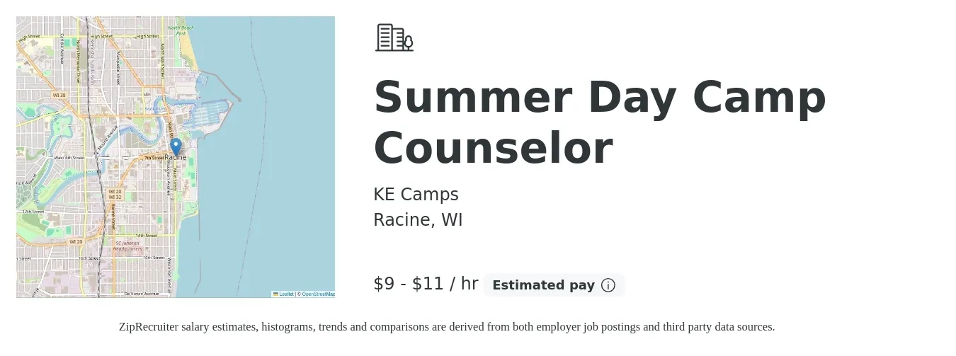 KE Camps job posting for a Summer Day Camp Counselor in Racine, WI with a salary of $10 to $12 Hourly with a map of Racine location.