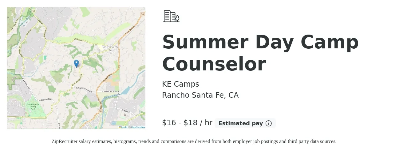 KE Camps job posting for a Summer Day Camp Counselor in Rancho Santa Fe, CA with a salary of $17 to $19 Hourly with a map of Rancho Santa Fe location.