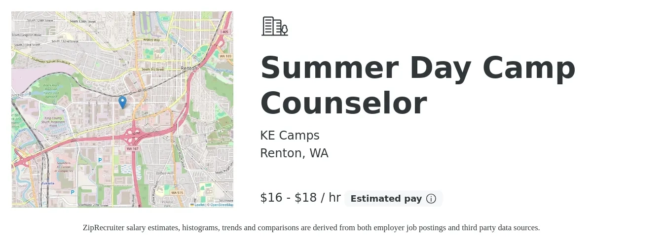 KE Camps job posting for a Summer Day Camp Counselor in Renton, WA with a salary of $18 to $20 Hourly with a map of Renton location.