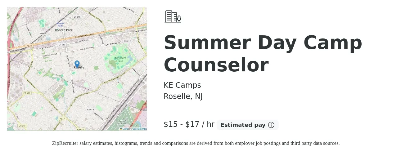 KE Camps job posting for a Summer Day Camp Counselor in Roselle, NJ with a salary of $16 to $18 Hourly with a map of Roselle location.