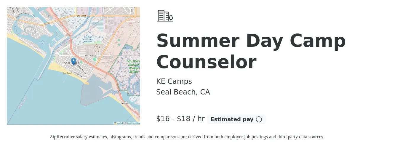 KE Camps job posting for a Summer Day Camp Counselor in Seal Beach, CA with a salary of $17 to $19 Hourly with a map of Seal Beach location.