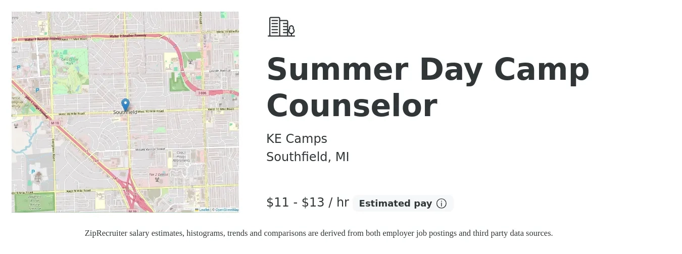 KE Camps job posting for a Summer Day Camp Counselor in Southfield, MI with a salary of $12 to $14 Hourly with a map of Southfield location.