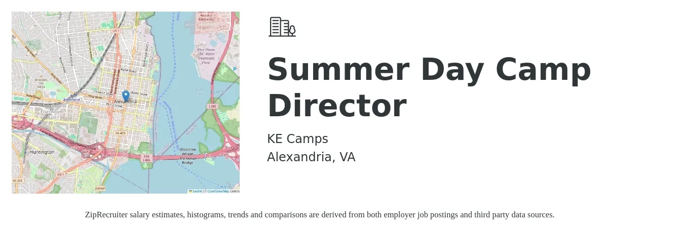 KE Camps job posting for a Summer Day Camp Director in Alexandria, VA with a salary of $18 to $24 Hourly with a map of Alexandria location.