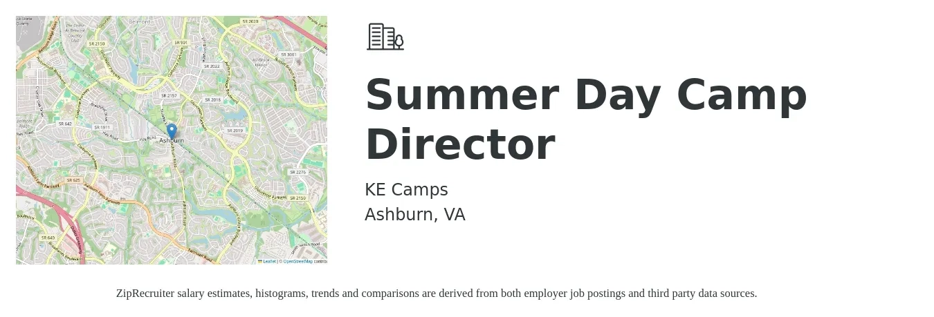 KE Camps job posting for a Summer Day Camp Director in Ashburn, VA with a salary of $19 to $26 Hourly with a map of Ashburn location.