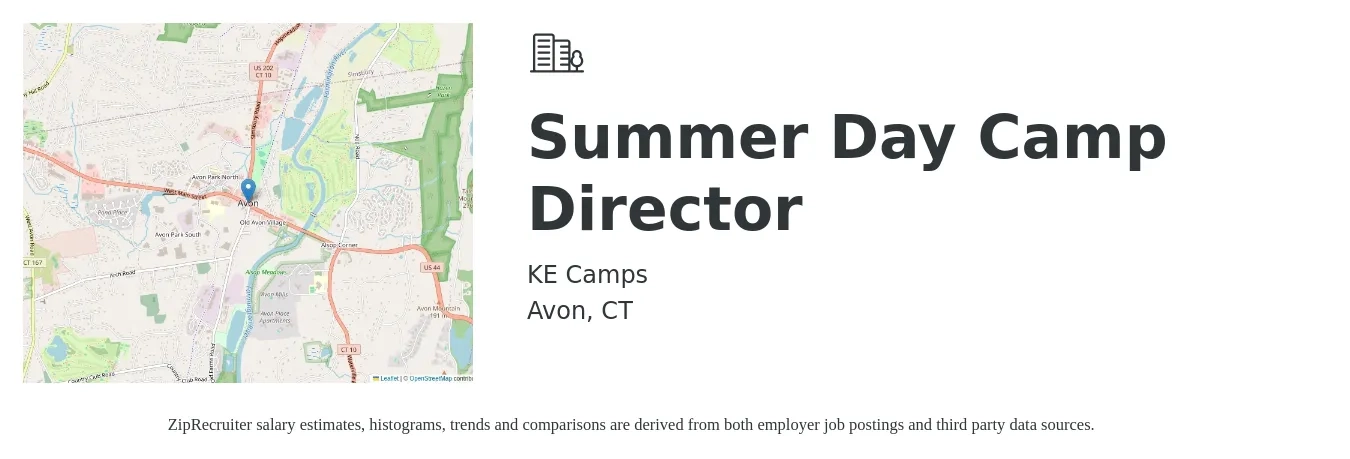 KE Camps job posting for a Summer Day Camp Director in Avon, CT with a salary of $18 to $24 Hourly with a map of Avon location.