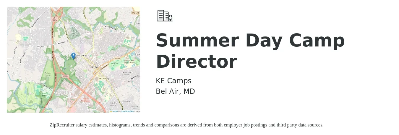 KE Camps job posting for a Summer Day Camp Director in Bel Air, MD with a salary of $16 to $22 Hourly with a map of Bel Air location.