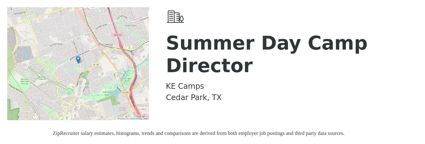 KE Camps job posting for a Summer Day Camp Director in Cedar Park, TX with a salary of $17 to $24 Hourly with a map of Cedar Park location.