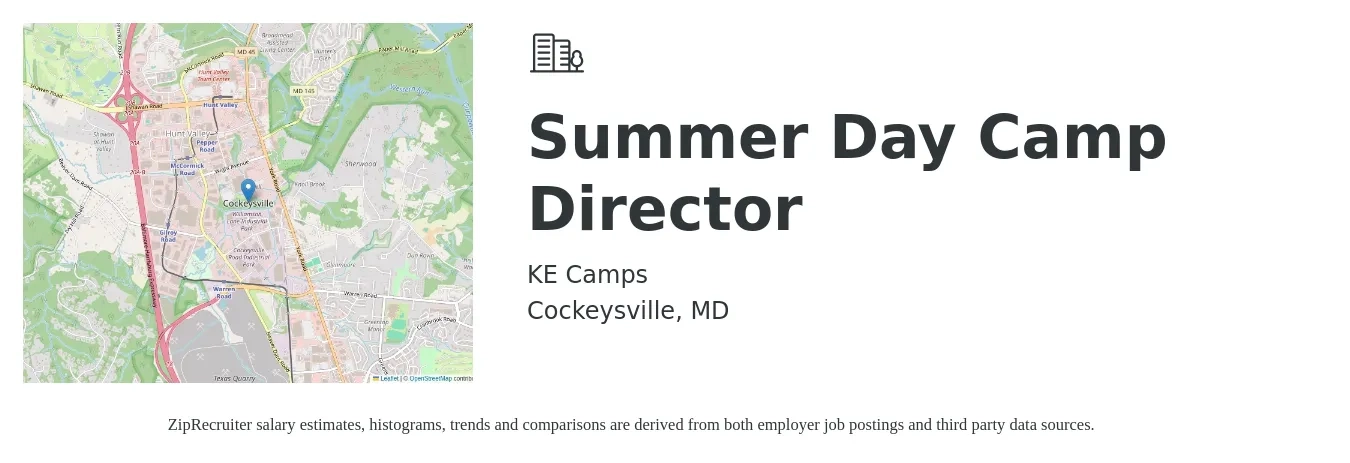 KE Camps job posting for a Summer Day Camp Director in Cockeysville, MD with a salary of $17 to $24 Hourly with a map of Cockeysville location.