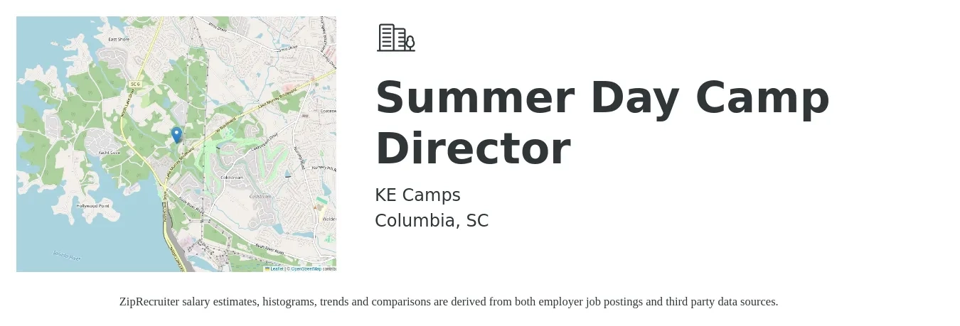KE Camps job posting for a Summer Day Camp Director in Columbia, SC with a salary of $17 to $23 Hourly with a map of Columbia location.
