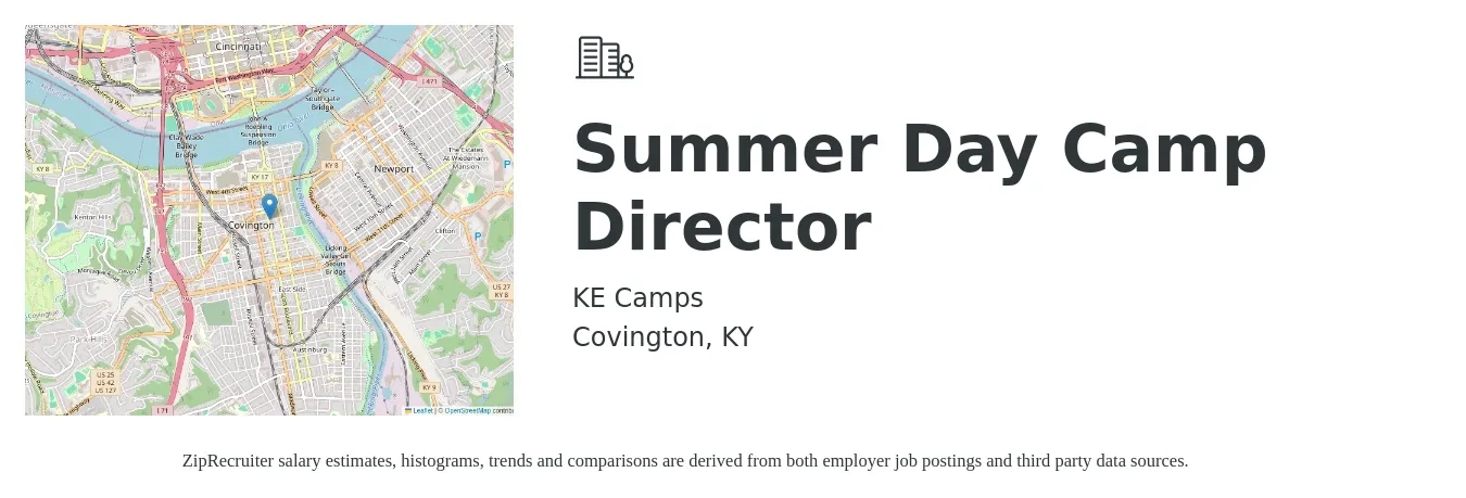 KE Camps job posting for a Summer Day Camp Director in Covington, KY with a salary of $18 to $24 Hourly with a map of Covington location.