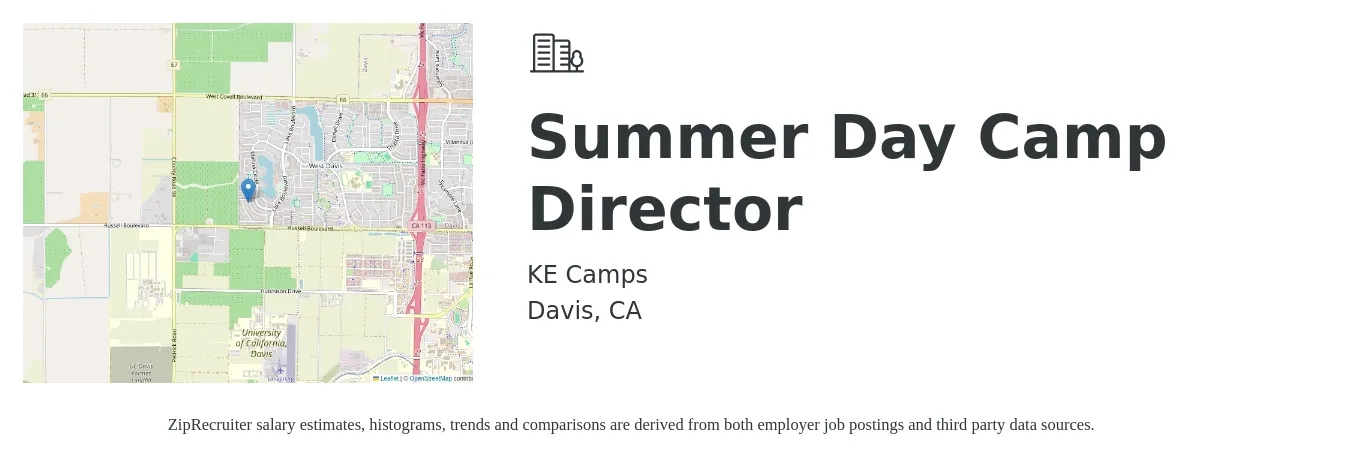 KE Camps job posting for a Summer Day Camp Director in Davis, CA with a salary of $20 to $27 Hourly with a map of Davis location.