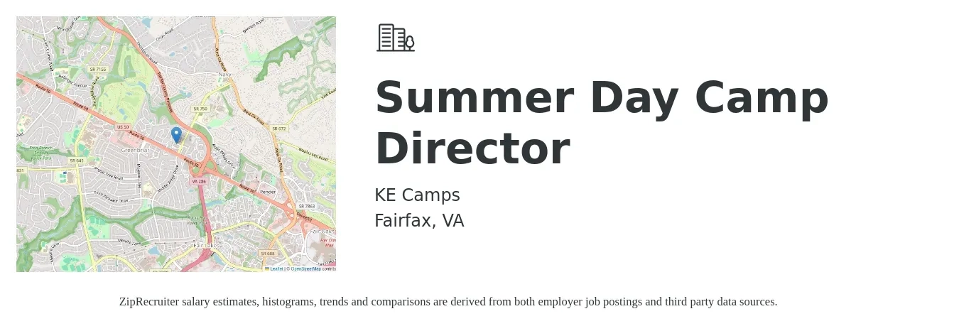KE Camps job posting for a Summer Day Camp Director in Fairfax, VA with a salary of $19 to $26 Hourly with a map of Fairfax location.