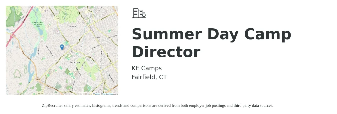 KE Camps job posting for a Summer Day Camp Director in Fairfield, CT with a salary of $18 to $25 Hourly with a map of Fairfield location.
