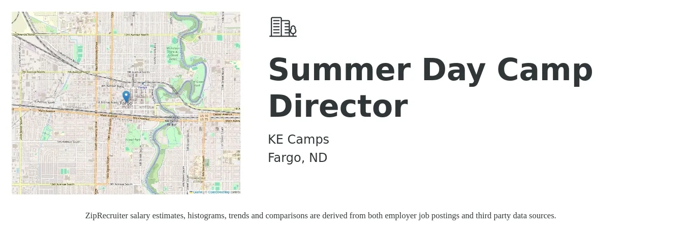 KE Camps job posting for a Summer Day Camp Director in Fargo, ND with a salary of $18 to $24 Hourly with a map of Fargo location.