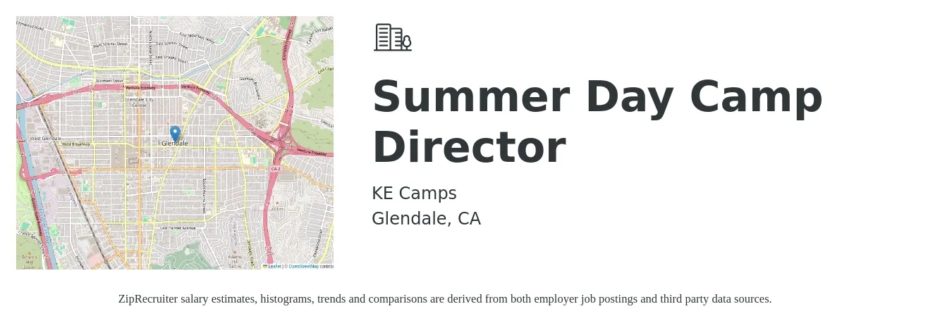 KE Camps job posting for a Summer Day Camp Director in Glendale, CA with a salary of $20 to $28 Hourly with a map of Glendale location.