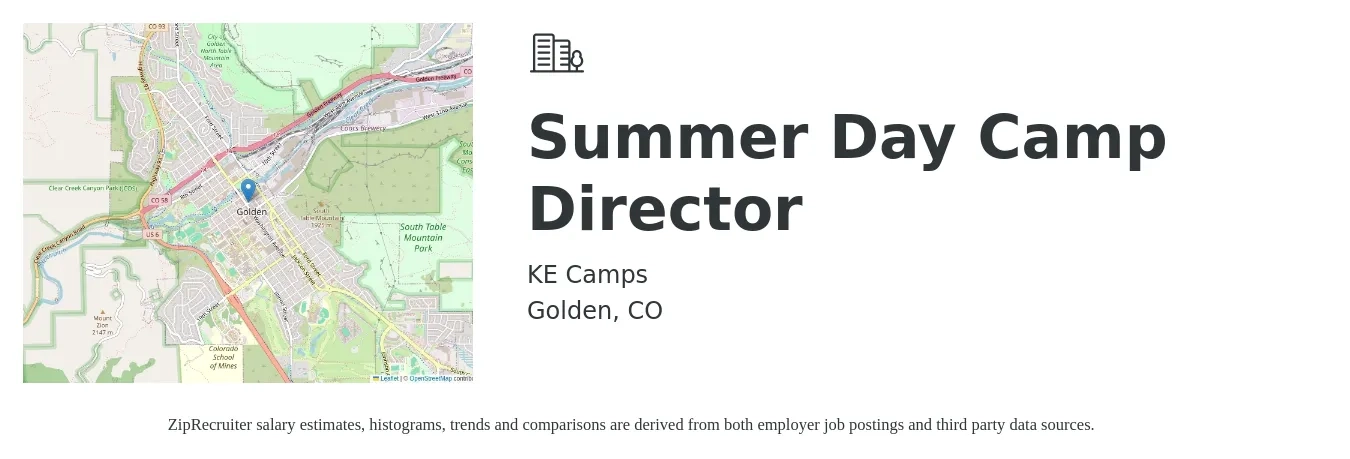 KE Camps job posting for a Summer Day Camp Director in Golden, CO with a salary of $19 to $26 Hourly with a map of Golden location.