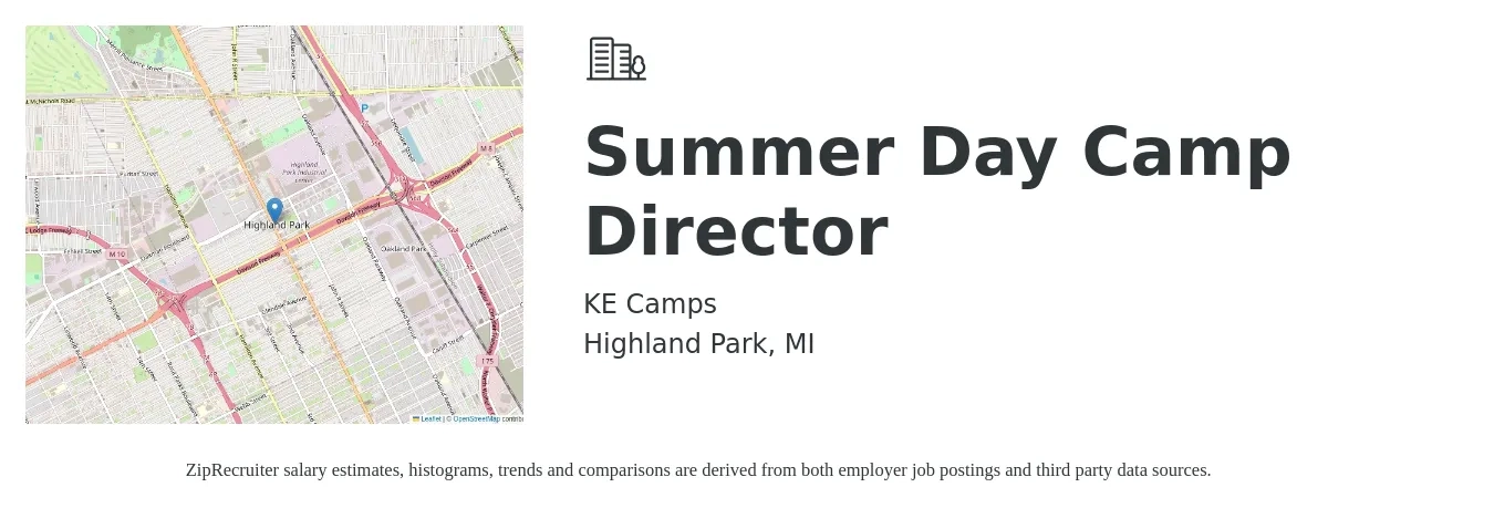 KE Camps job posting for a Summer Day Camp Director in Highland Park, MI with a salary of $16 to $23 Hourly with a map of Highland Park location.