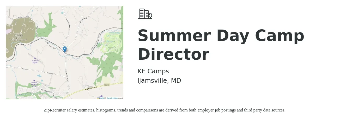 KE Camps job posting for a Summer Day Camp Director in Ijamsville, MD with a salary of $18 to $25 Hourly with a map of Ijamsville location.