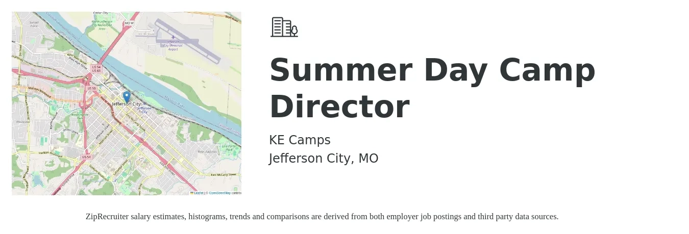 KE Camps job posting for a Summer Day Camp Director in Jefferson City, MO with a salary of $17 to $24 Hourly with a map of Jefferson City location.