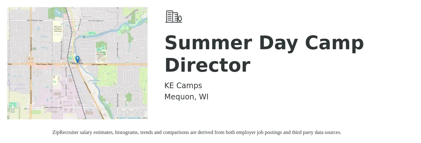 KE Camps job posting for a Summer Day Camp Director in Mequon, WI with a salary of $16 to $22 Hourly with a map of Mequon location.