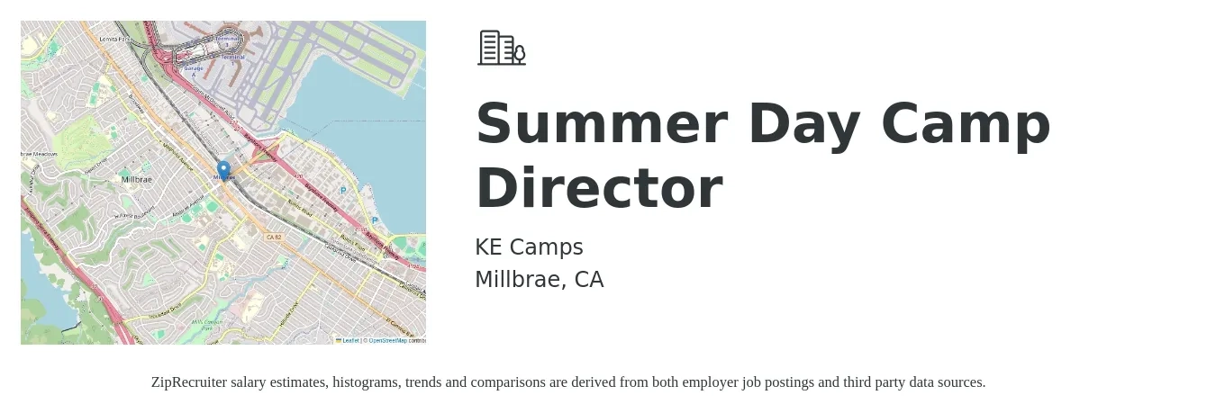KE Camps job posting for a Summer Day Camp Director in Millbrae, CA with a salary of $21 to $29 Hourly with a map of Millbrae location.
