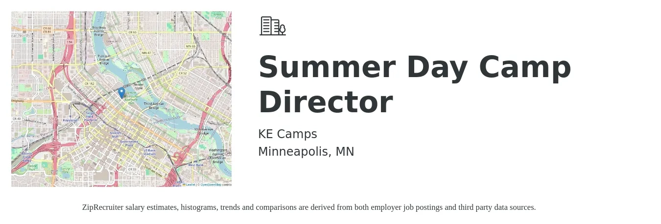 KE Camps job posting for a Summer Day Camp Director in Minneapolis, MN with a salary of $19 to $26 Hourly with a map of Minneapolis location.