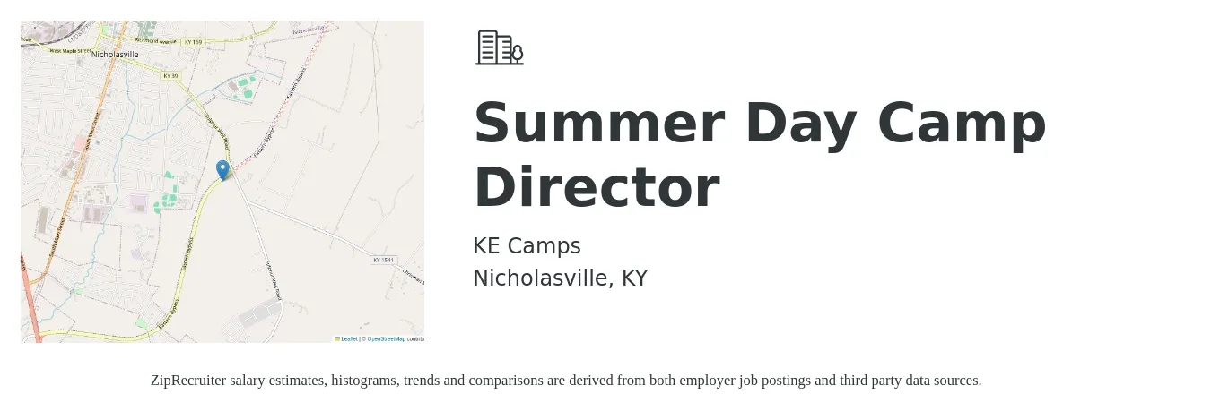 KE Camps job posting for a Summer Day Camp Director in Nicholasville, KY with a salary of $16 to $22 Hourly with a map of Nicholasville location.