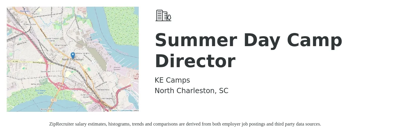 KE Camps job posting for a Summer Day Camp Director in North Charleston, SC with a salary of $16 to $22 Hourly with a map of North Charleston location.
