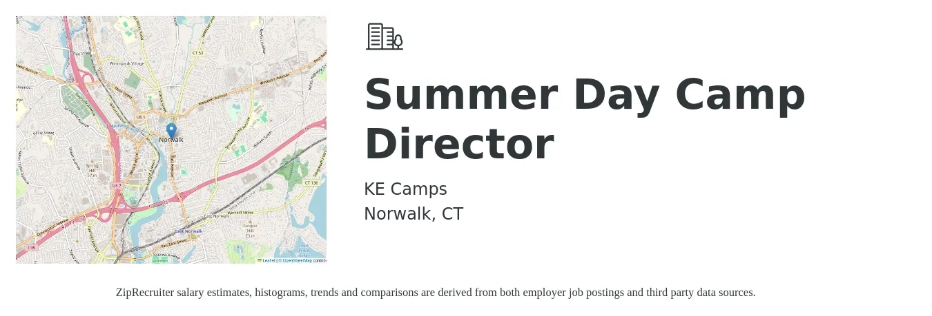 KE Camps job posting for a Summer Day Camp Director in Norwalk, CT with a salary of $18 to $25 Hourly with a map of Norwalk location.
