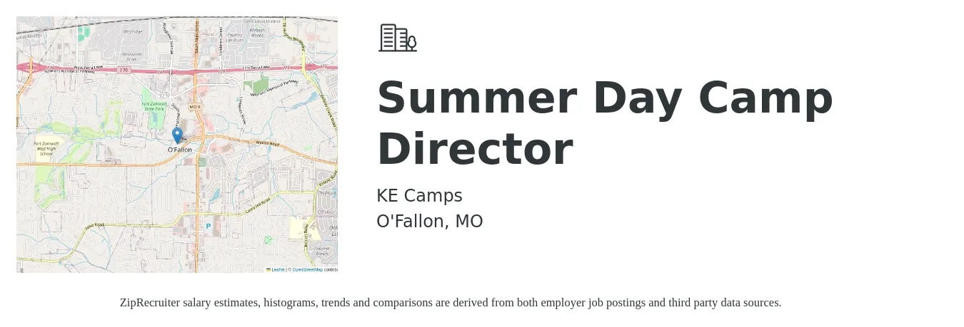 KE Camps job posting for a Summer Day Camp Director in O'Fallon, MO with a salary of $17 to $24 Hourly with a map of O'Fallon location.