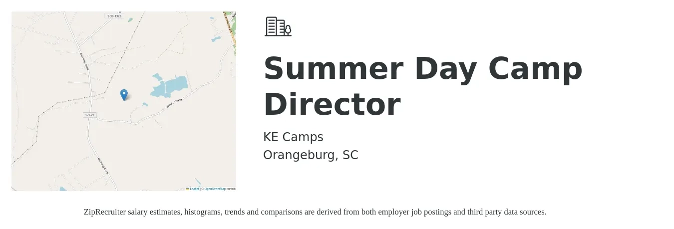 KE Camps job posting for a Summer Day Camp Director in Orangeburg, SC with a salary of $14 to $20 Hourly with a map of Orangeburg location.
