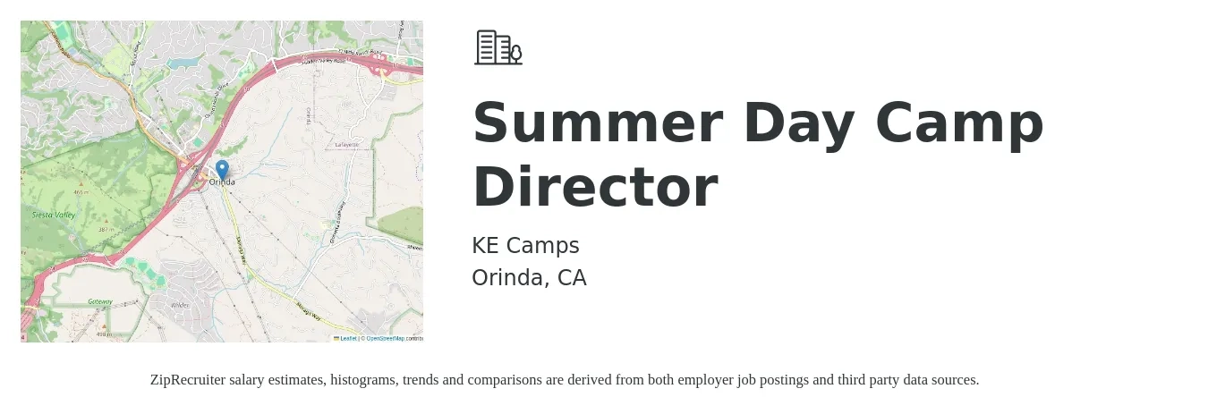 KE Camps job posting for a Summer Day Camp Director in Orinda, CA with a salary of $20 to $28 Hourly with a map of Orinda location.