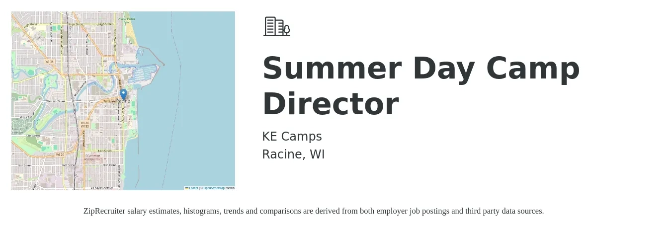 KE Camps job posting for a Summer Day Camp Director in Racine, WI with a salary of $17 to $24 Hourly with a map of Racine location.