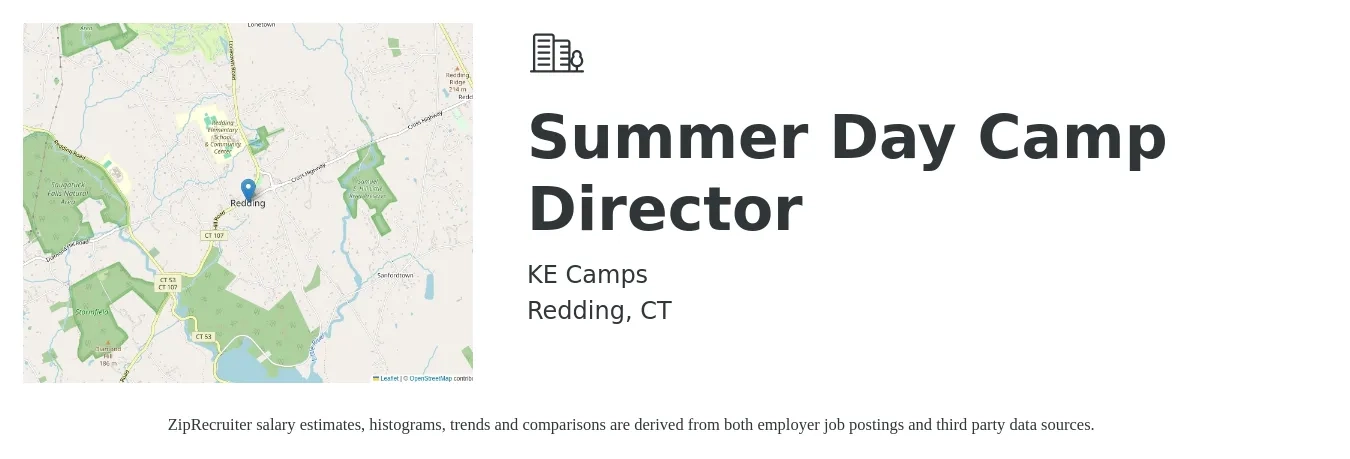 KE Camps job posting for a Summer Day Camp Director in Redding, CT with a salary of $19 to $26 Hourly with a map of Redding location.