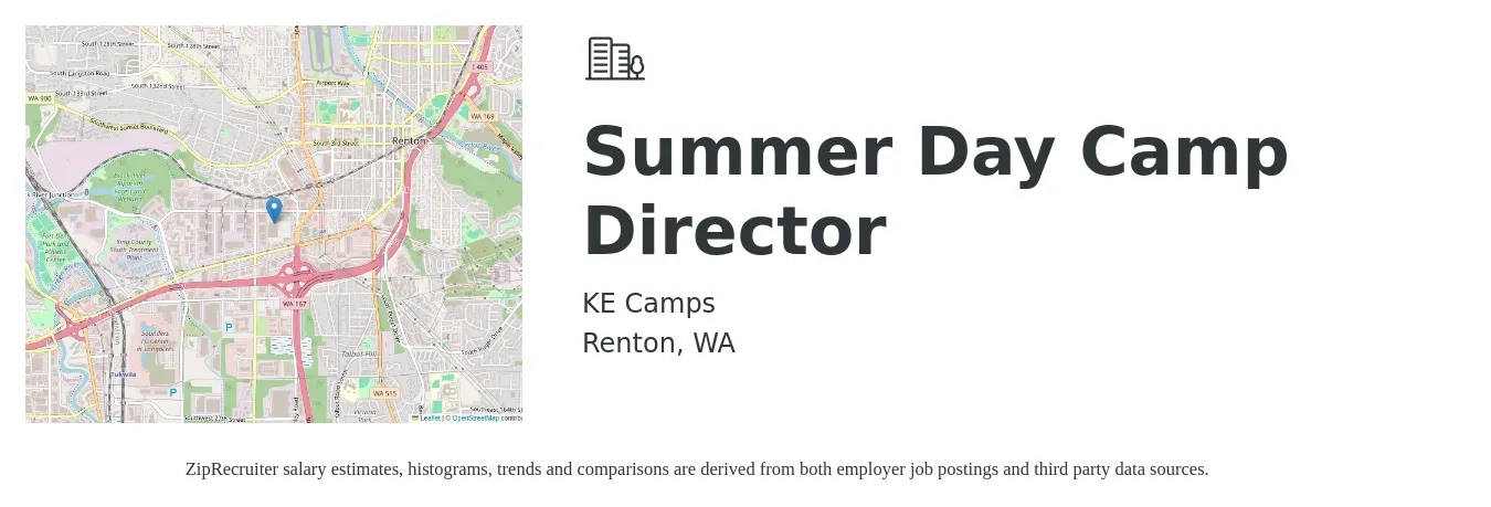 KE Camps job posting for a Summer Day Camp Director in Renton, WA with a salary of $20 to $28 Hourly with a map of Renton location.