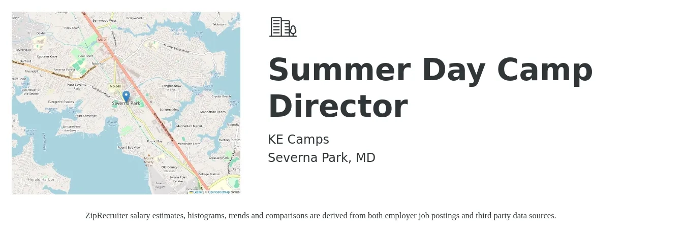 KE Camps job posting for a Summer Day Camp Director in Severna Park, MD with a salary of $18 to $25 Hourly with a map of Severna Park location.
