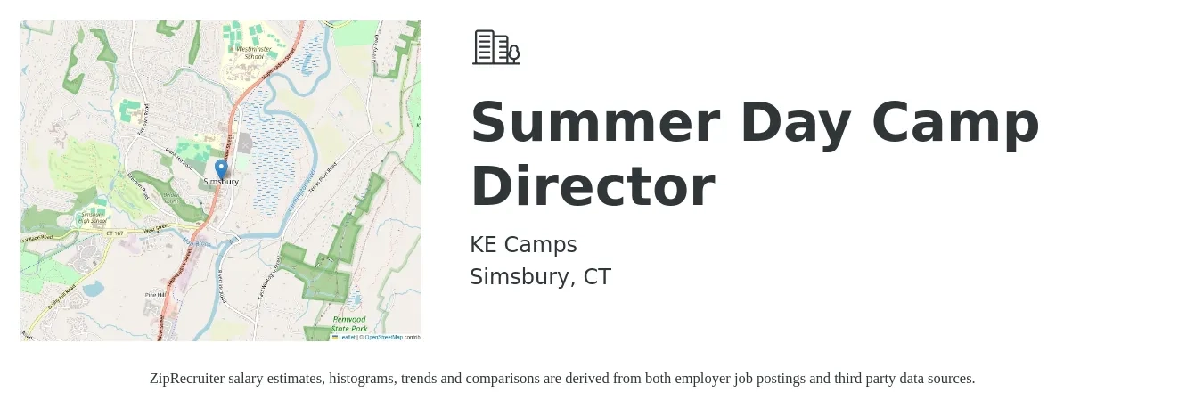 KE Camps job posting for a Summer Day Camp Director in Simsbury, CT with a salary of $18 to $25 Hourly with a map of Simsbury location.