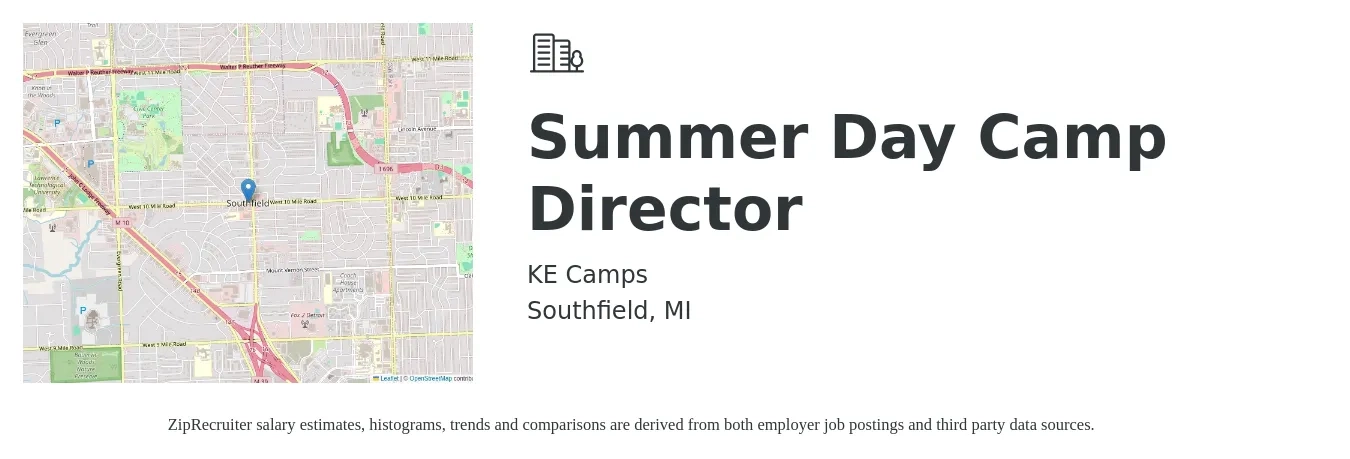 KE Camps job posting for a Summer Day Camp Director in Southfield, MI with a salary of $17 to $23 Hourly with a map of Southfield location.
