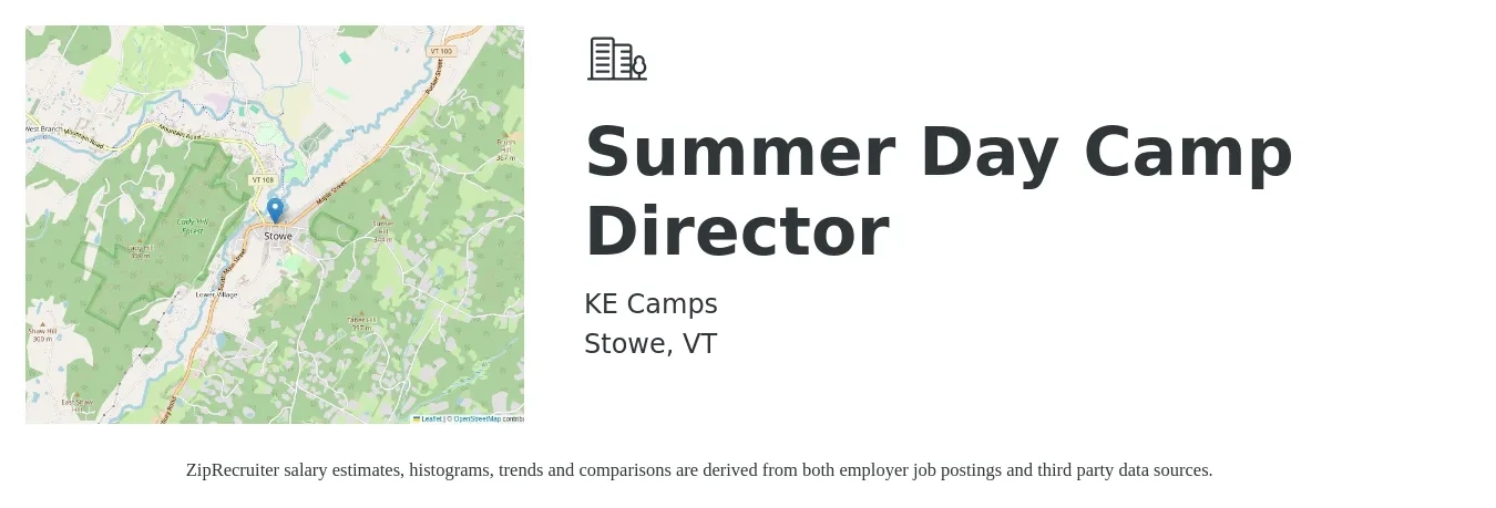 KE Camps job posting for a Summer Day Camp Director in Stowe, VT with a salary of $20 to $27 Hourly with a map of Stowe location.