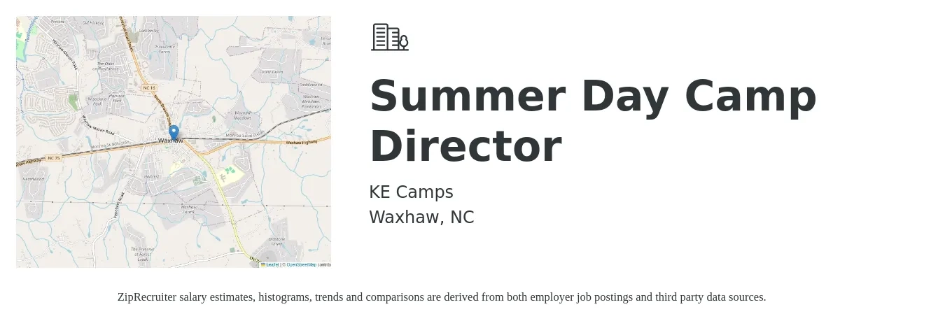 KE Camps job posting for a Summer Day Camp Director in Waxhaw, NC with a salary of $16 to $22 Hourly with a map of Waxhaw location.
