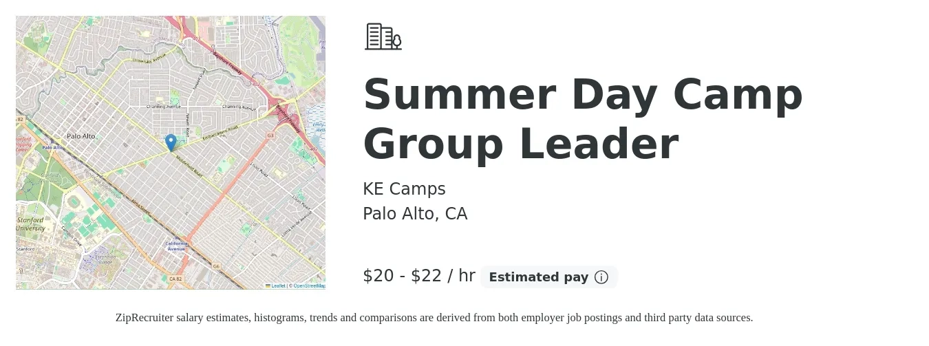 KE Camps job posting for a Summer Day Camp Group Leader in Palo Alto, CA with a salary of $21 to $23 Hourly with a map of Palo Alto location.