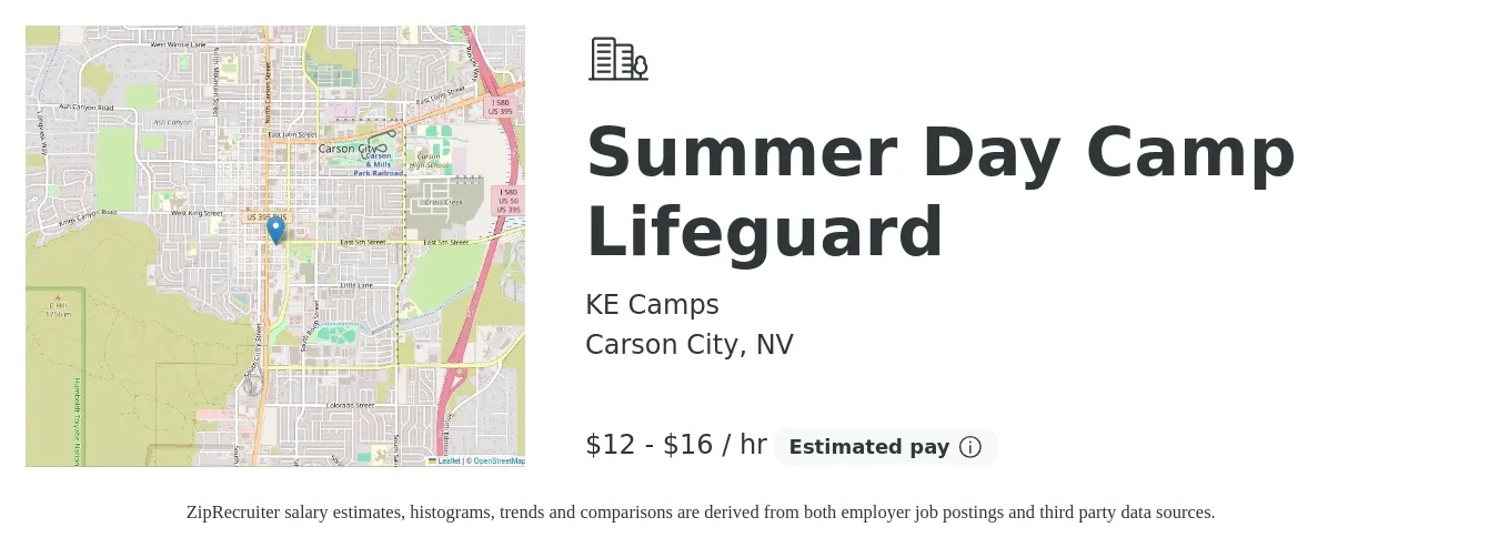 KE Camps job posting for a Summer Day Camp Lifeguard in Carson City, NV with a salary of $13 to $17 Hourly with a map of Carson City location.